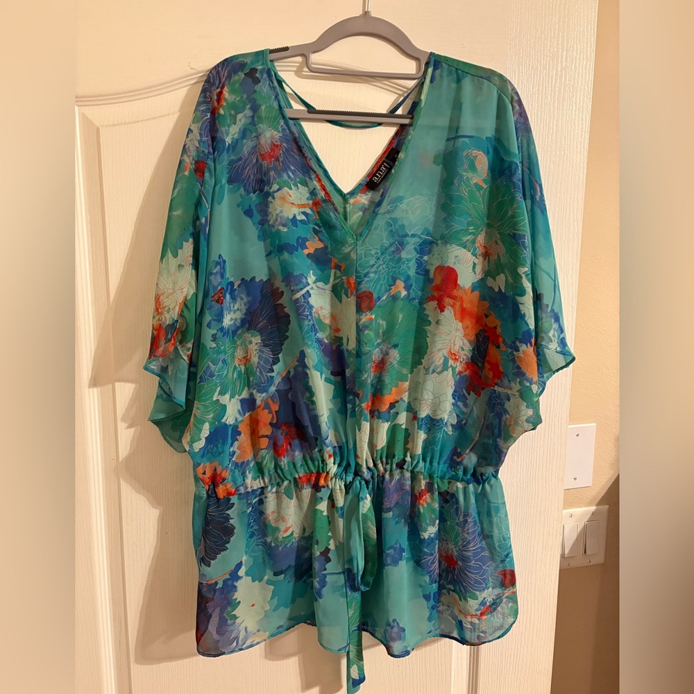 a.n.a Teal Floral Trim Chiffon Top